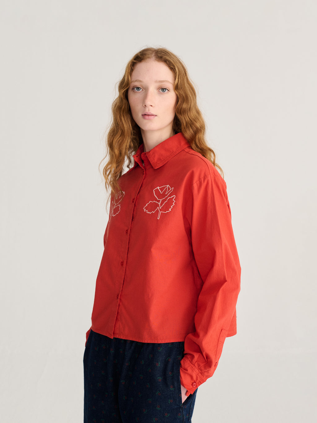 Vibrant Flower embroidery poplin shirt