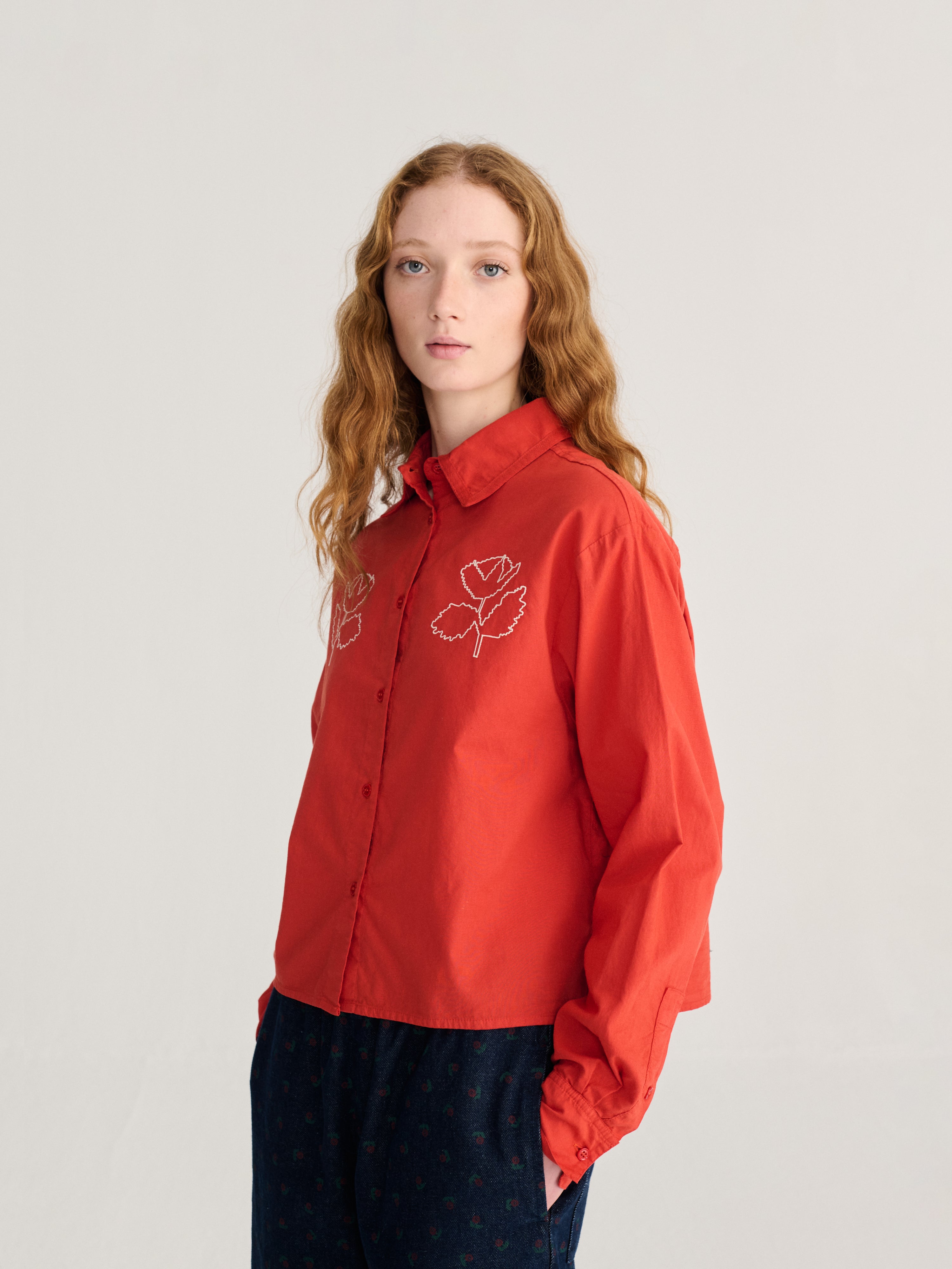 Vibrant Flower embroidery poplin shirt