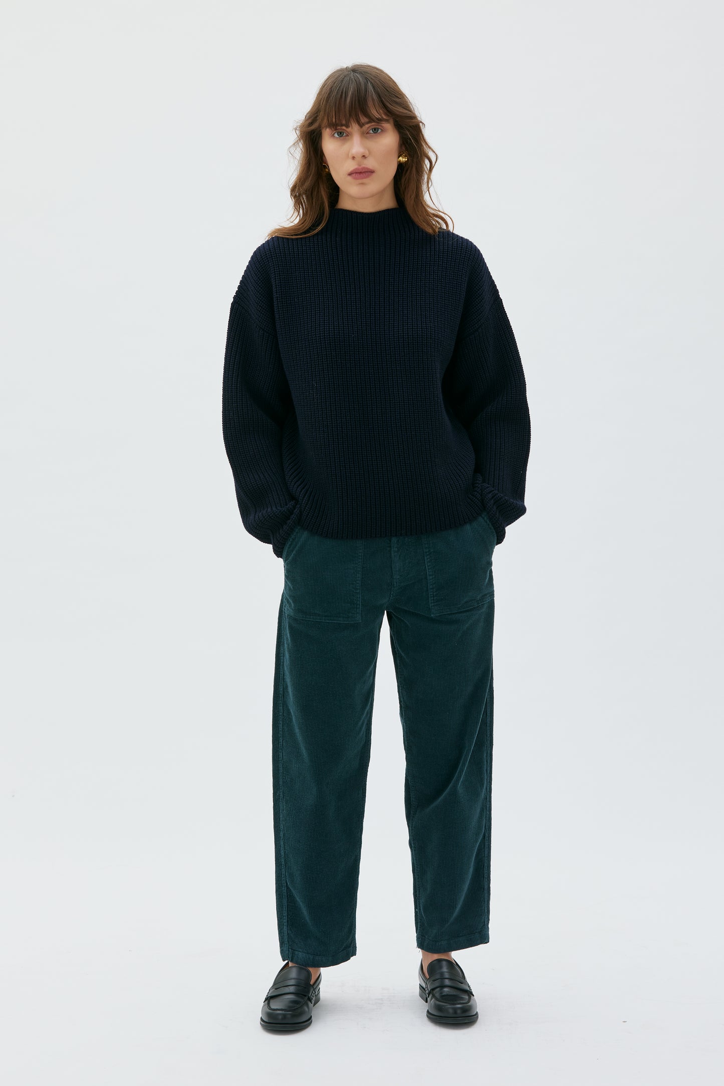 Ruth - Barrel leg cord trousers - dark bottle green