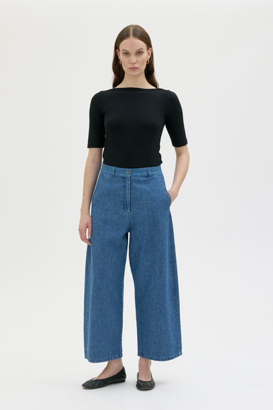 Etsu - Curved leg pleated trouser hemp organic cotton denim