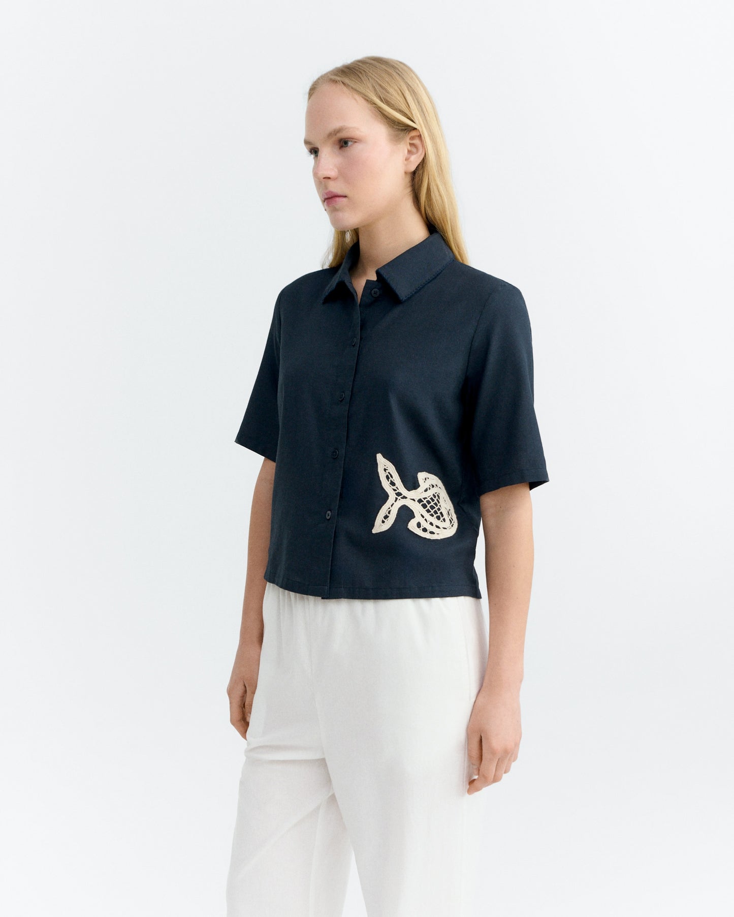 Navy fish patch ane blouse