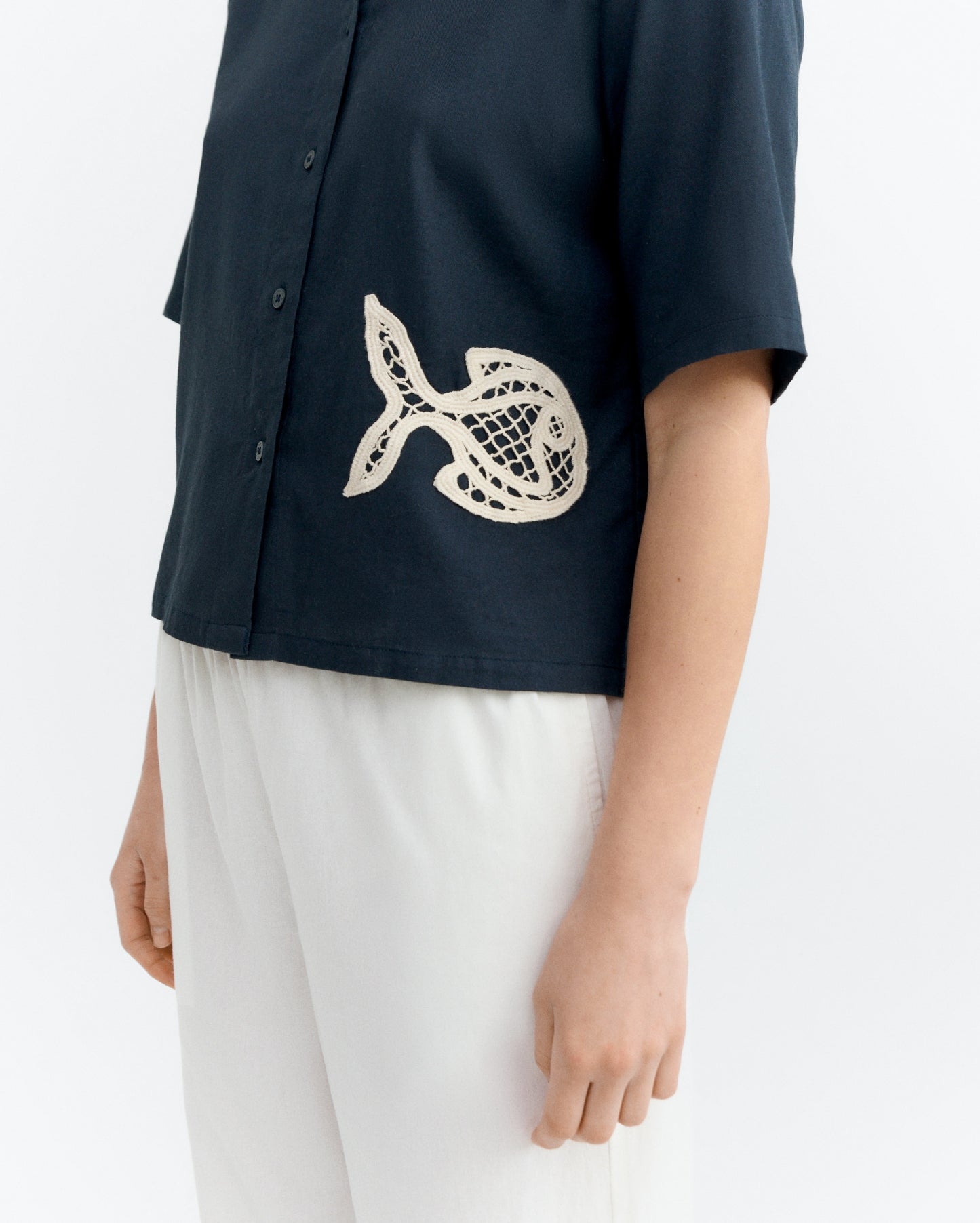 Navy fish patch ane blouse